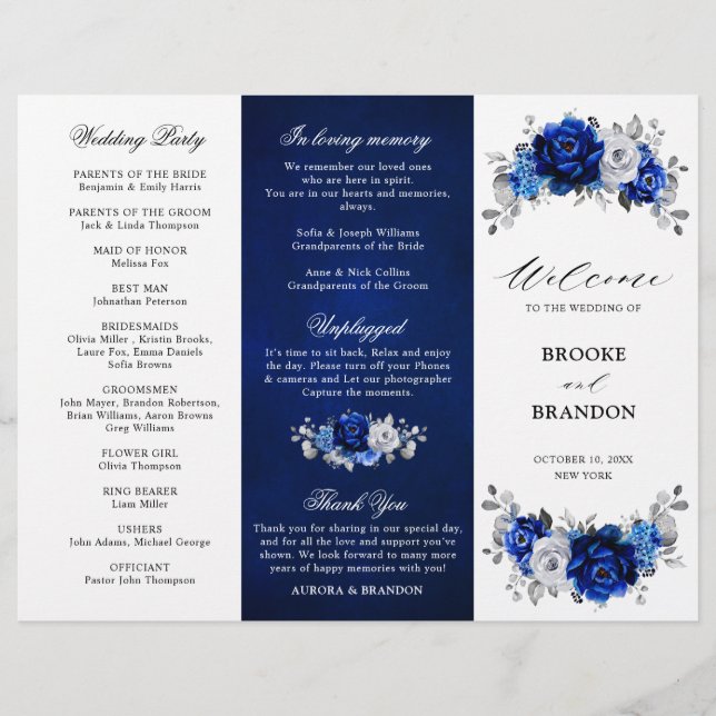 Royal Blue White Silver Dreifach Hochzeitsprogramm (Vorderseite)