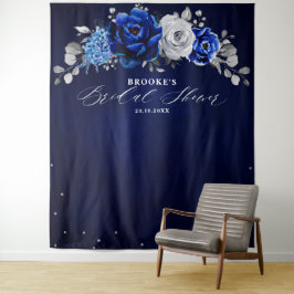 Royal Blue White Silver Floral Brautparty Tapes Wandteppich
