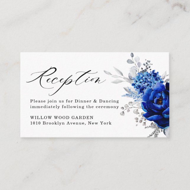 Royal Blue White Silver Floral Hochzeitsempfang Begleitkarte (Vorderseite)