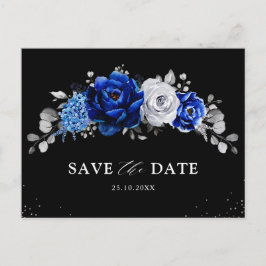 Royal Blue White Silver Floral Save the Date Postc Postkarte