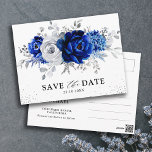 Royal Blue White Silver Floral Save the Date Postkarte<br><div class="desc">Elegante Hochzeit in königsblau mit weißem Silbermotiv speichern Sie das Datum der Postkarte mit elegantem Bouquet von königsblau,  Marine,  Silber,  reine Rose Blume Knospen und schlaue grüne Eukalyptus-Blätter. Bitte kontaktieren Sie mich für Hilfe bei der Anpassung oder wenn Sie ein anderes Produkt mit diesem Design benötigen.</div>