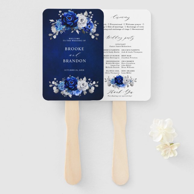 Royal Blue White Silver Floral Wedding Program Fächer (Vorne und Hinten)