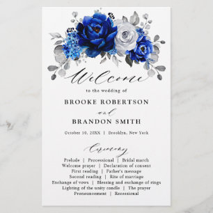 Royal Blue White Silver Floral Wedding Programme