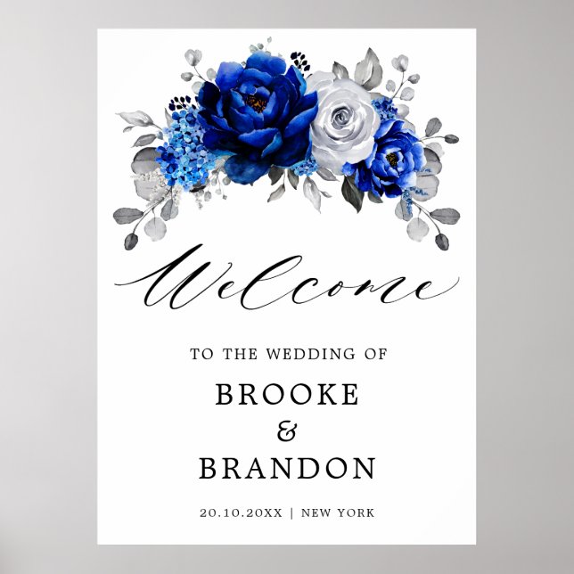 Royal Blue White Silver Floral Wedding Willkommen Poster (Vorne)