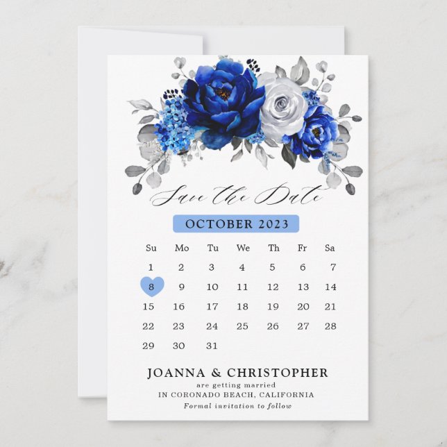 Royal Blue White Silver Metallic Floral Kalender S Save The Date (Vorderseite)