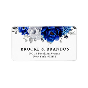 Royal Blue White Silver Metallic Floral Wedding Adressaufkleber