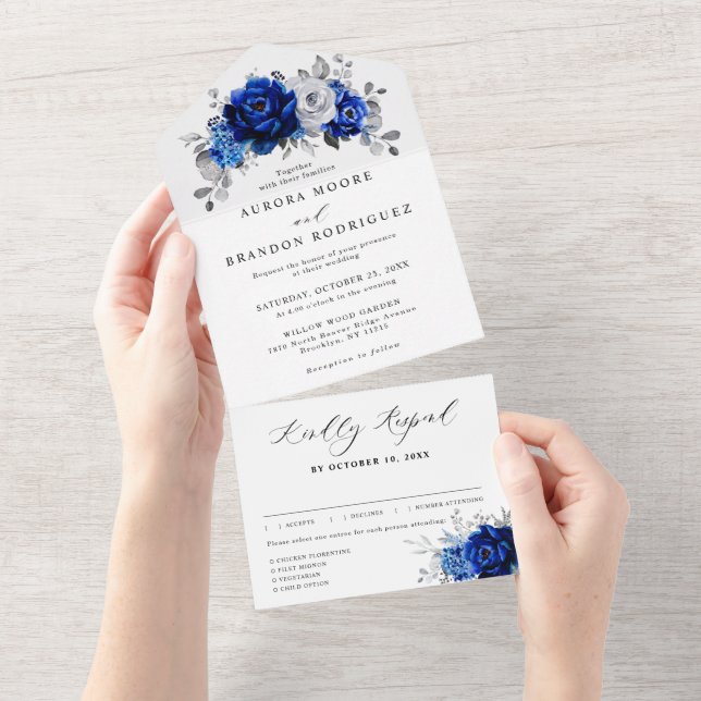 Royal Blue White Silver Metallic Floral Wedding All In One Einladung (Abreißen)