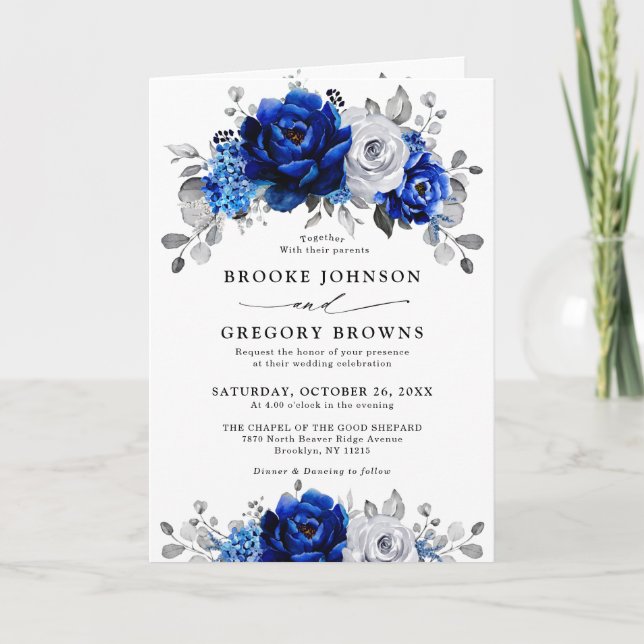 Royal Blue White Silver Metallic Floral Wedding Einladung (Vorderseite)