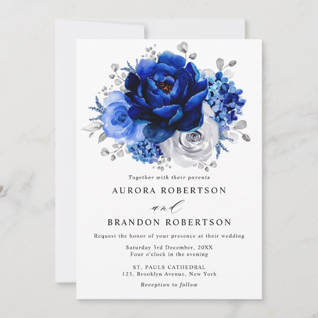 Royal Blue White Silver Metallic Floral Wedding Einladung (Vorderseite)