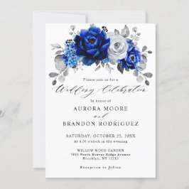 Royal Blue White Silver Metallic Floral Wedding Einladung