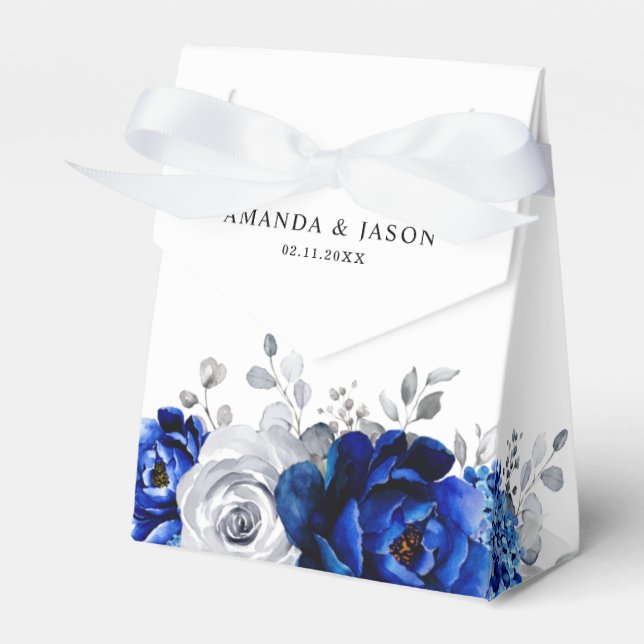Royal Blue White Silver Metallic Floral Wedding Geschenkschachtel (Vorderseite)