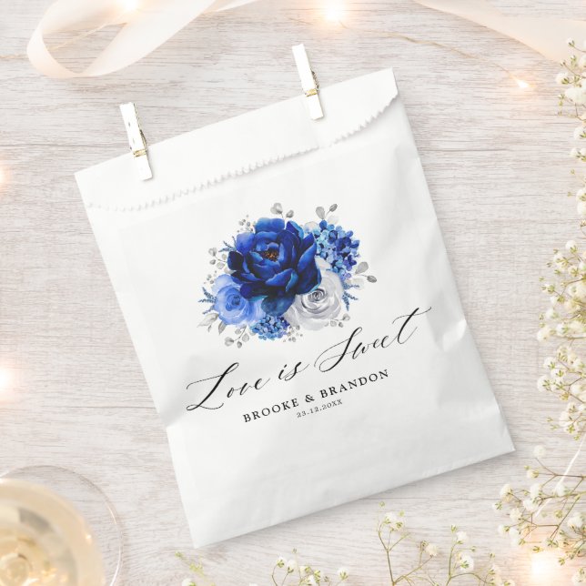 Royal Blue White Silver Metallic Floral Wedding Geschenktütchen (Ausgeschnitten)