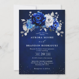 Royal Blue White Silver Metallic Floral Wedding in Einladung