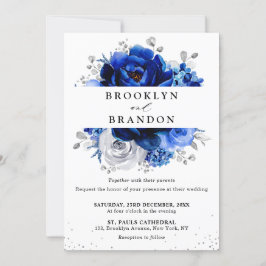 Royal Blue White Silver Metallic Floral Wedding in Einladung