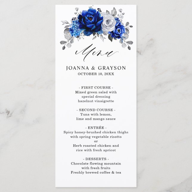 Royal Blue White Silver Metallic Floral Wedding Menükarte (Vorderseite)