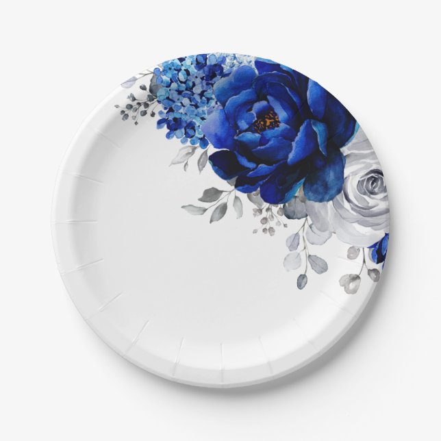 Royal Blue White Silver Metallic Floral Wedding Pa Pappteller (Vorderseite)