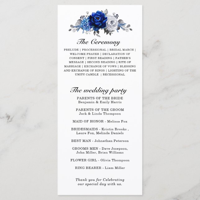 Royal Blue White Silver Metallic Floral Wedding Programm (Rückseite)
