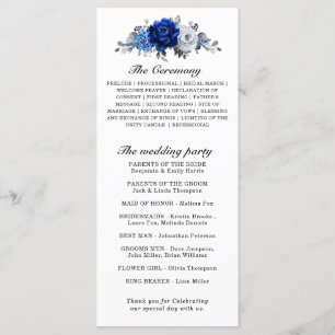 Royal Blue White Silver Metallic Floral Wedding Programm
