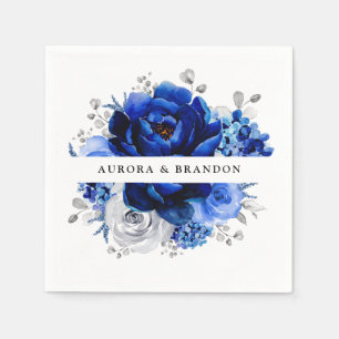 Royal Blue White Silver Metallic Floral Wedding Serviette