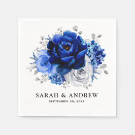 Royal Blue White Silver Metallic Floral Wedding Serviette