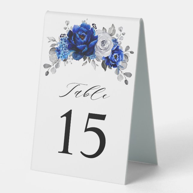 Royal Blue White Silver Metallic Floral Wedding Tischaufsteller (Vorderseite)
