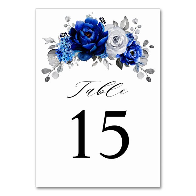 Royal Blue White Silver Metallic Floral Wedding Tischnummer (Vorderseite)