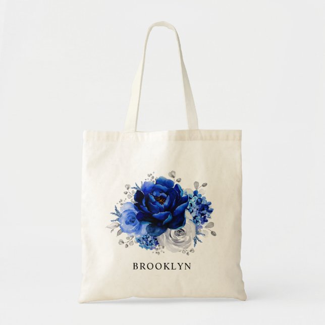 Royal Blue White Silver Metallic Floral Wedding Tragetasche (Vorne)