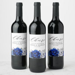 Royal Blue White Silver Metallic Floral Wedding Weinetikett