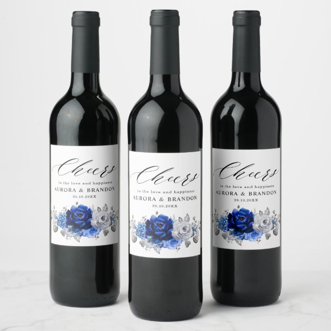 Royal Blue White Silver Metallic Floral Wedding Wi Weinetikett (Flaschen)