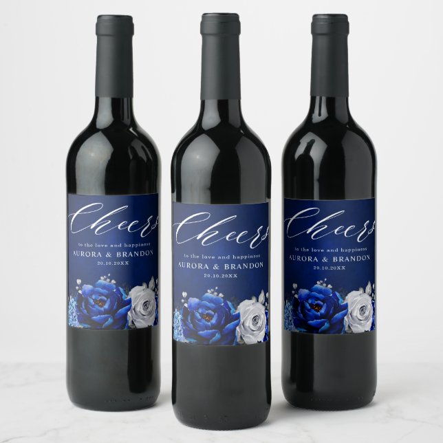 Royal Blue White Silver Metallic Floral Wedding Wi Weinetikett (Flaschen)