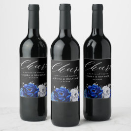 Royal Blue White Silver Metallic Floral Wedding Wi Weinetikett