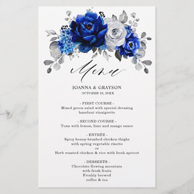 Royal Blue White Silver Metallic Mariage Menu (Devant)