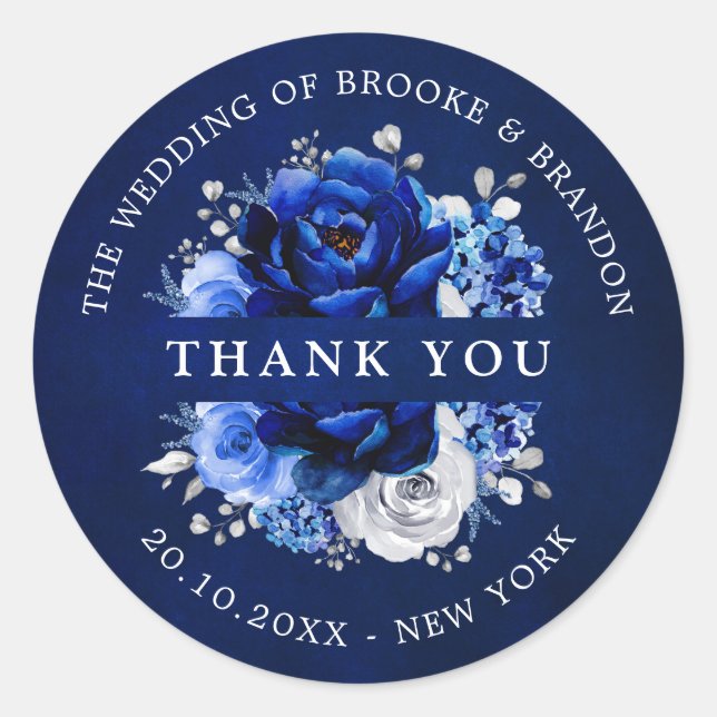 Royal Blue White Silver Metallic Wedding Danke Runder Aufkleber (Vorderseite)