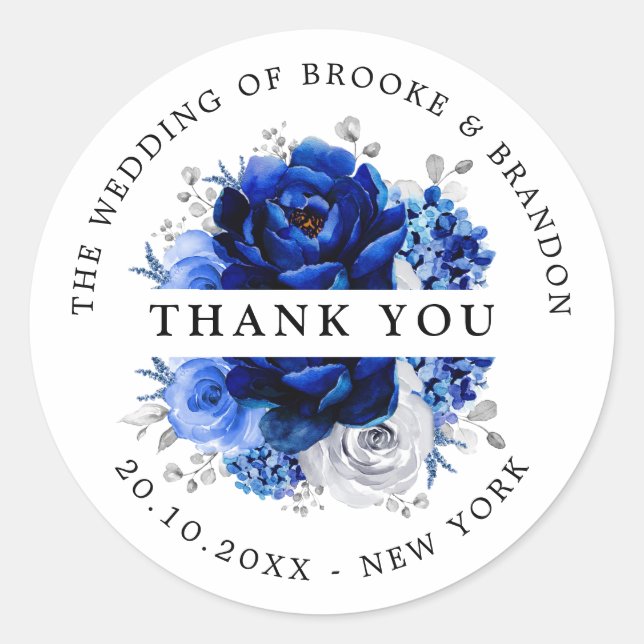 Royal Blue White Silver Metallic Wedding Danke Runder Aufkleber (Vorderseite)