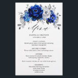 Royal Blue White Silver Metallic Wedding Menu<br><div class="desc">Elegantes Hochzeitsmenü mit royalblau-silberfarbenem Thema mit elegantem Bouquet aus königsblau,  Navy,  Silber,  Rose Blume in reiner Weiß und schlaue,  grüne Eukalyptus-Blätter. Bitte kontaktieren Sie mich für Hilfe bei der Anpassung oder wenn Sie ein anderes Produkt mit diesem Design benötigen.</div>