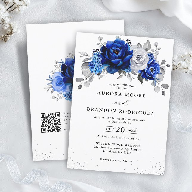 Royal Blue White Silver QR Code Floral Wedding Einladung (Royal Blue White Silver QR Code Floral Wedding Invitation)