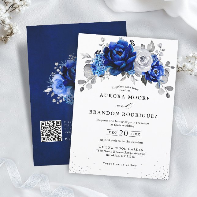 Royal Blue White Silver QR Code Floral Wedding Einladung (Royal Blue White Silver QR Code Floral Wedding Invitation)