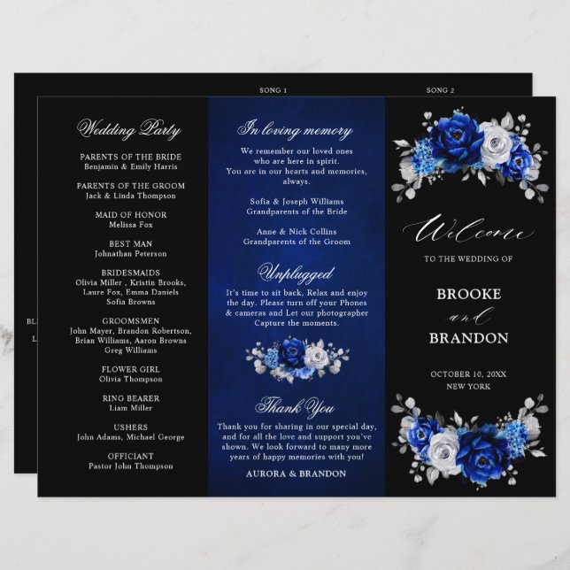 Royal Blue White Silver Tri-fold Wedding Programme (Devant / Derrière)