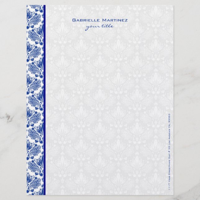 Royal Blue & White Vintag Floral Damasks Briefkopf (Vorderseite)