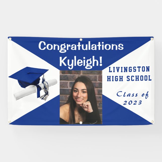 Royal Blue & White Vinyl Abschluss Foto Banner (Horizontal)