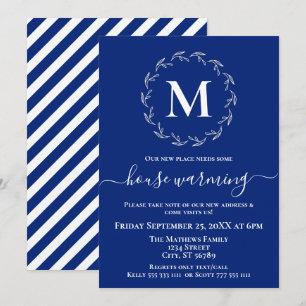 Royal Blue White Wreath Monogram House Erwärmung Ankündigung