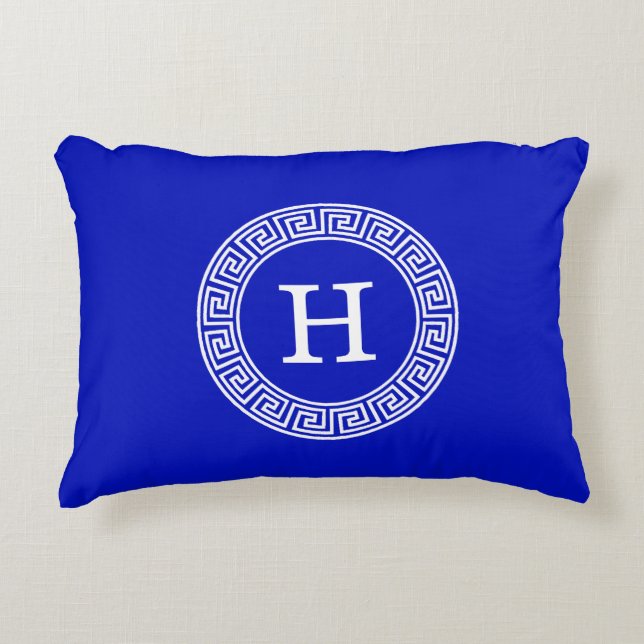 Royal Blue Wt Griechischer Schlüsselrahmen Initial Dekokissen (Vorderseite)