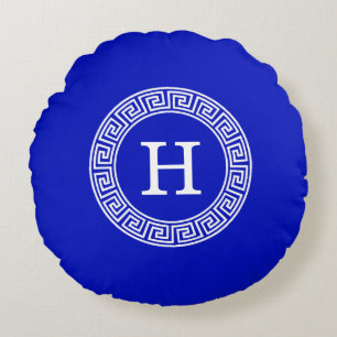 Royal Blue Wt Griechischer Schlüsselrahmen Initial Rundes Kissen