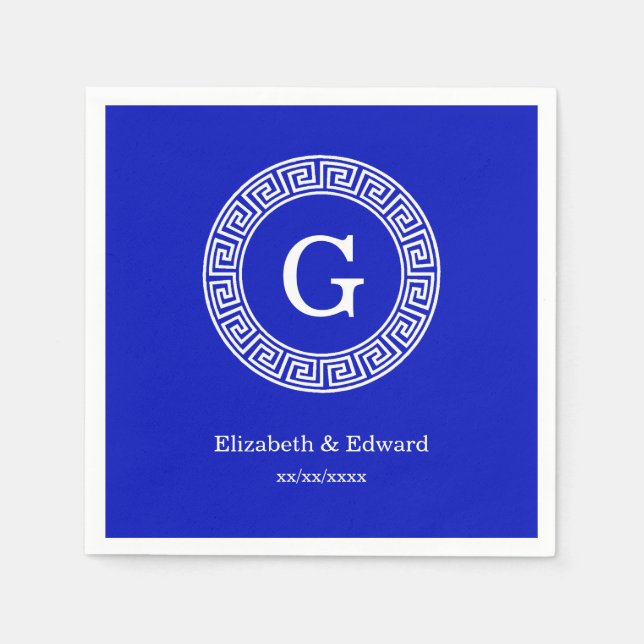 Royal Blue Wt Griechischer Schlüsselrahmen Initial Serviette (Vorderseite)