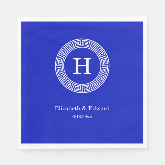 Royal Blue Wt Griechischer Schlüsselrahmen Initial Serviette (Vorderseite)
