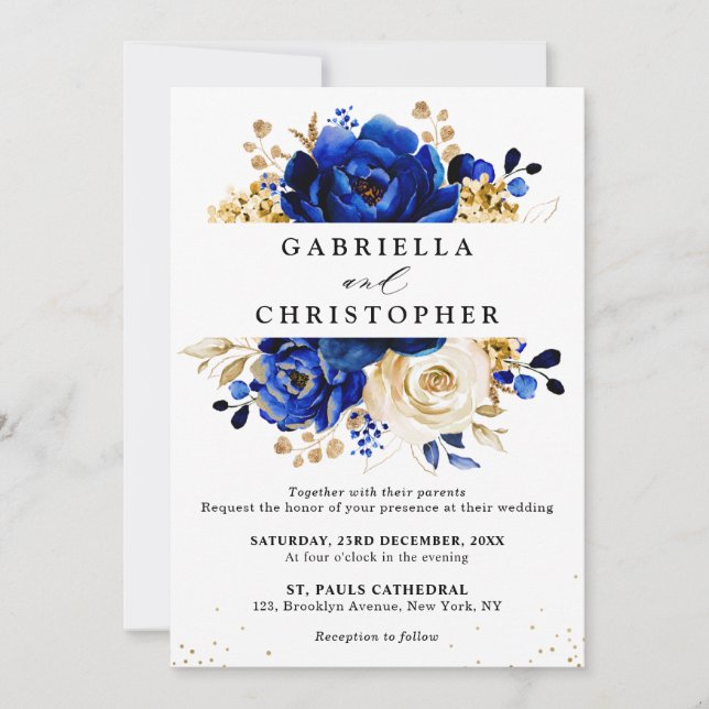 Royal Blue Yellow Gold Brautparty Einladung (Vorderseite)
