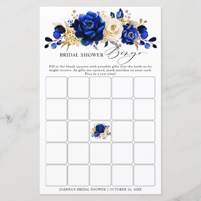 Royal Blue Yellow Gold Floral Brautparty Bingo (Vorderseite)
