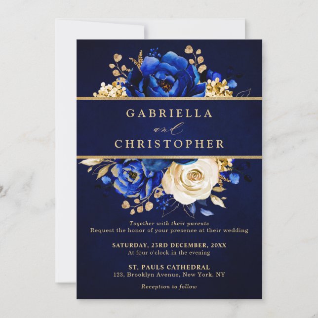 Royal Blue Yellow Gold Floral Brautparty Invita Einladung (Vorderseite)