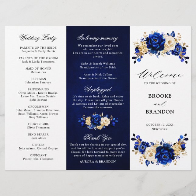 Royal Blue Yellow Gold Floral Wedding Program (Vorderseite)