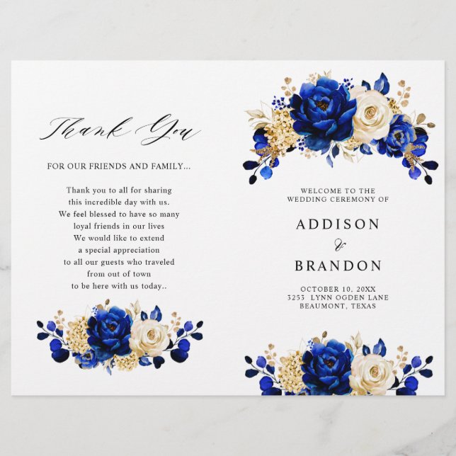 Royal Blue Yellow Gold Floral Wedding Programme (Devant)